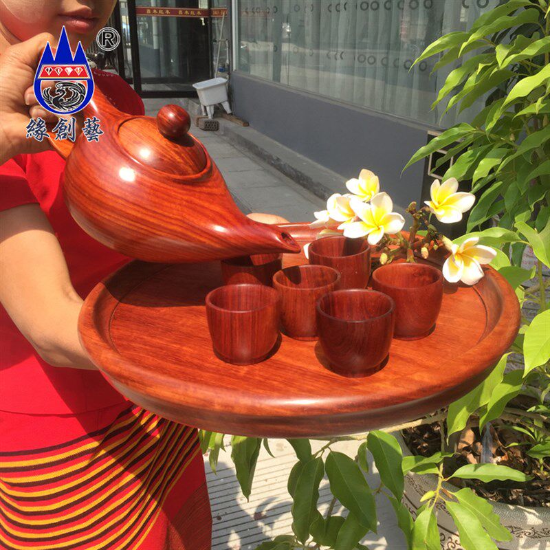 红木茶壶7件套缅甸花梨大果紫檀整木料中式 木雕实木收藏装饰摆件