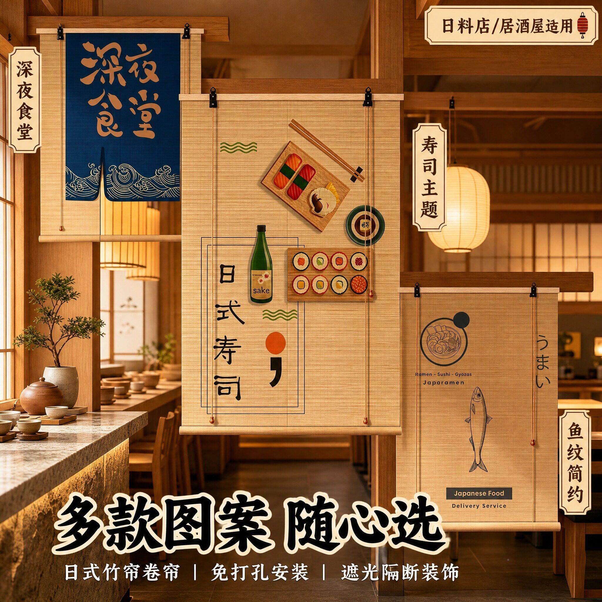 日式竹帘深夜食堂挡隔断门帘遮帘阳台遮光遮帘阳升降卷民宿帘饭店