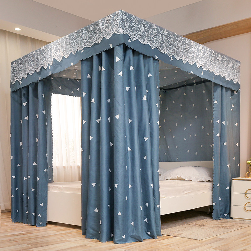 家用卧室遮光床帘蚊帐一体式加厚保暖防尘小清新公主风落地1.0m