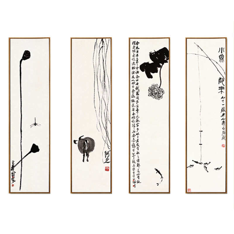 新中式客厅竖版四联齐白石背景墙沙发国画挂画装饰画水墨客厅禅意