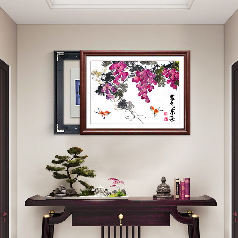 新中式电表箱装饰画遮挡电表箱装饰品免打孔葡萄餐厅挂画实木横款