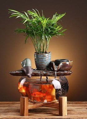 小型鱼缸自动循环流水转运生财桌面喷泉创意摆件开业送礼