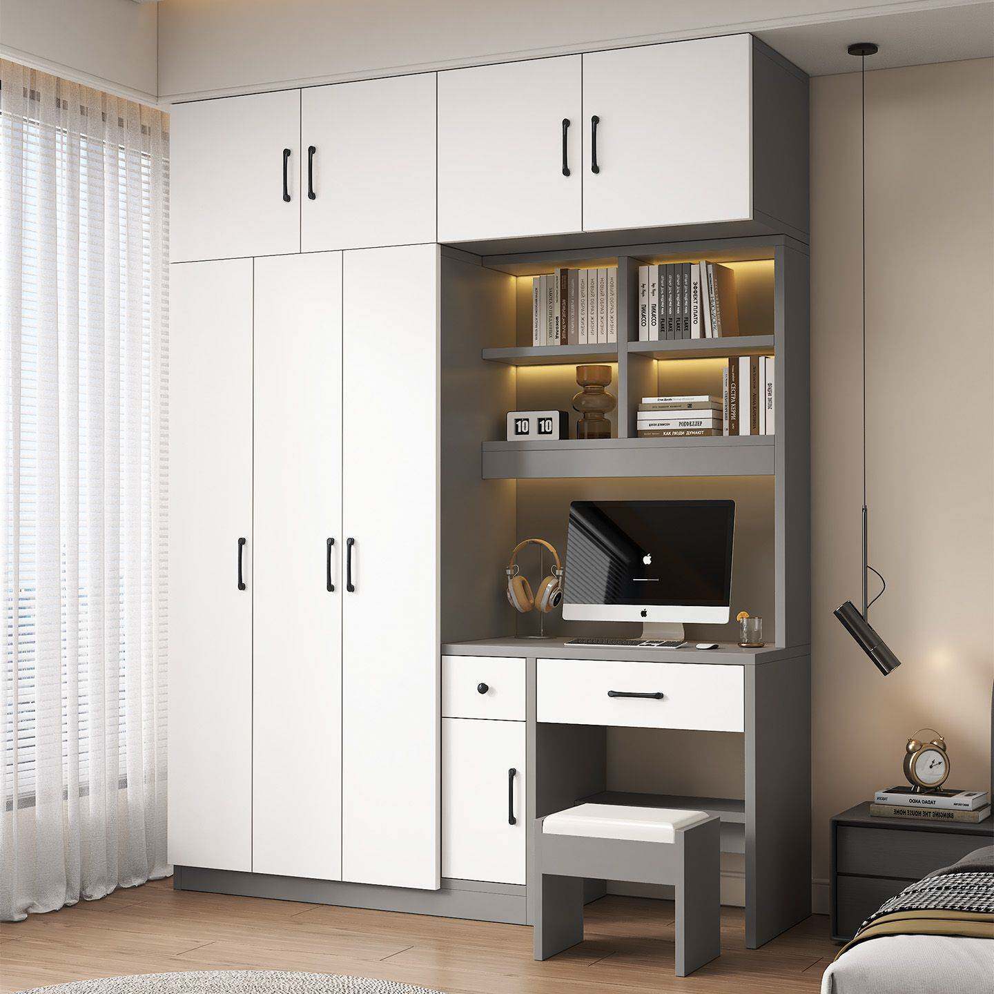 实木衣柜家用卧室带书桌一体组合小户型学生学习电脑桌连体衣橱