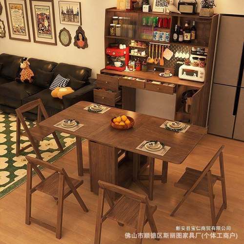 全实木餐边柜折叠桌一体可PFR伸木缩折叠功移动小户型家用餐桌子