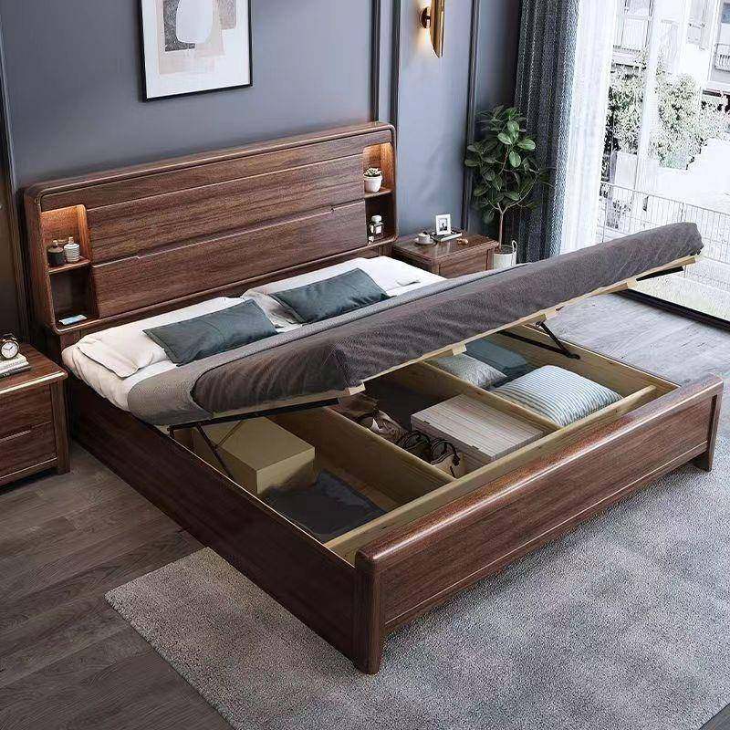 胡桃木实木床DAO新中式1.高8米双人床1.5人小户型带灯箱储单物主