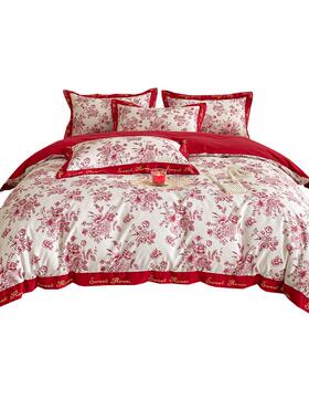 1PR简约婚红色四碎件套田园花RYZ纯棉床单冰庆丝被套结V婚嫁床上