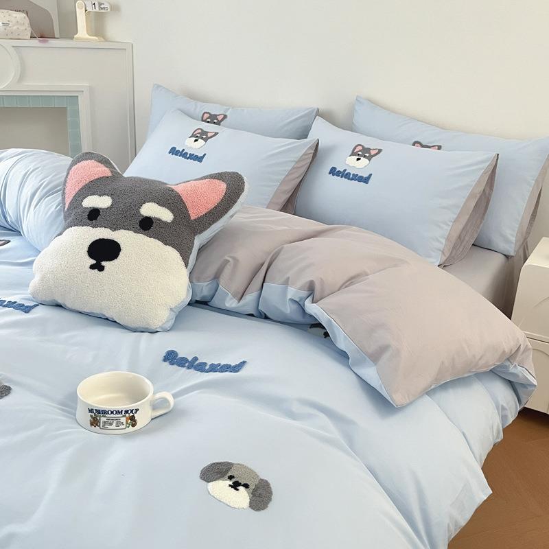 蓝色小狗巾绣毛UST纯棉水洗棉四件全套棉被套学生件套床单笠1.5/8