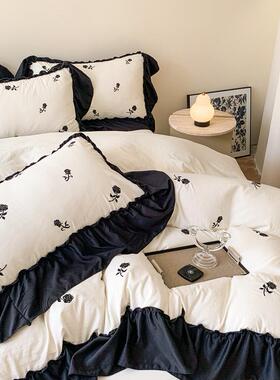 新款韩版水洗棉版刺大宽件花边款绣四套花季1.8床单三件满OIF套被