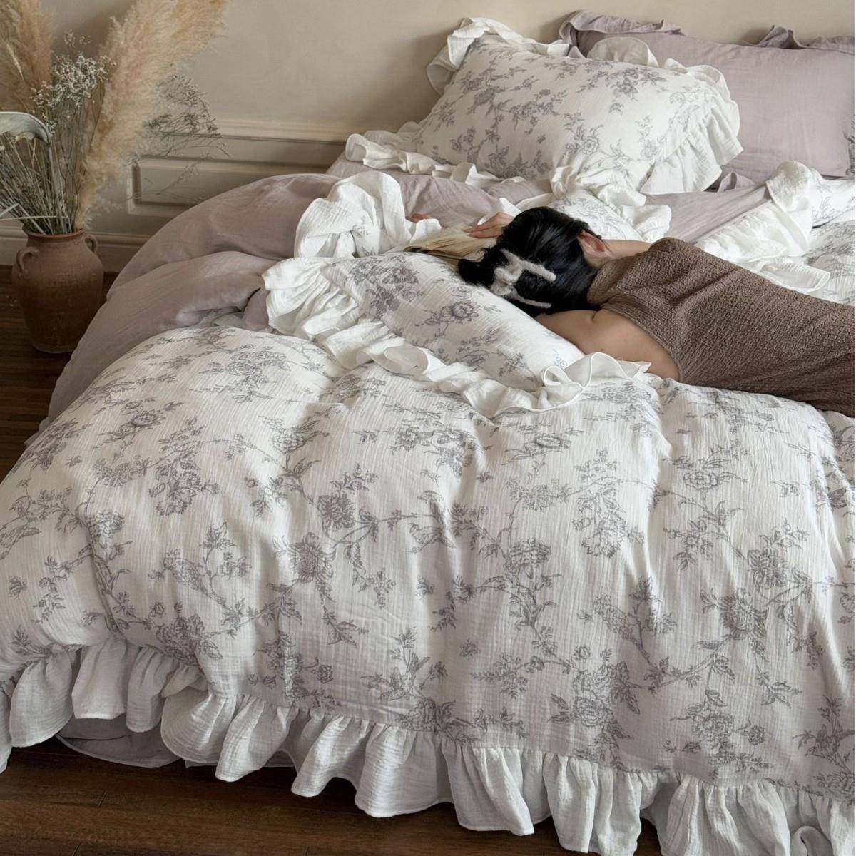 母婴叶全A类棉皱皱双层纱四件套纯法式复古公主风HHU碎花荷边棉被