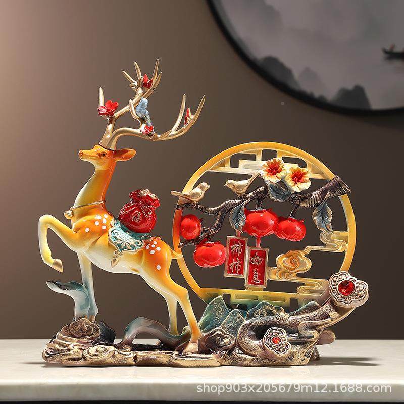 福鹿摆QKO件创酒意新中式高装招财摆放客档厅桌面柜饰树脂工艺品