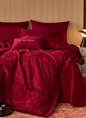 高红色端100S全棉四件结套红喜庆婚庆嫁娶绣花大提花纯LY4522棉被