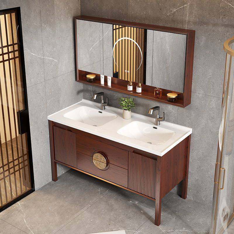新中式陶瓷一体盆浴室柜组合乌金木落地式双盆心新款洗手洗脸盆柜