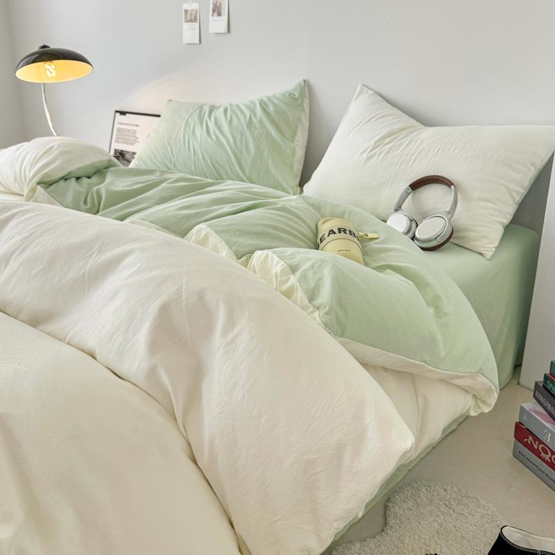 A类母婴纯色双拼超柔水洗棉四件套学生宿舍床笠三件套奶油风被套3