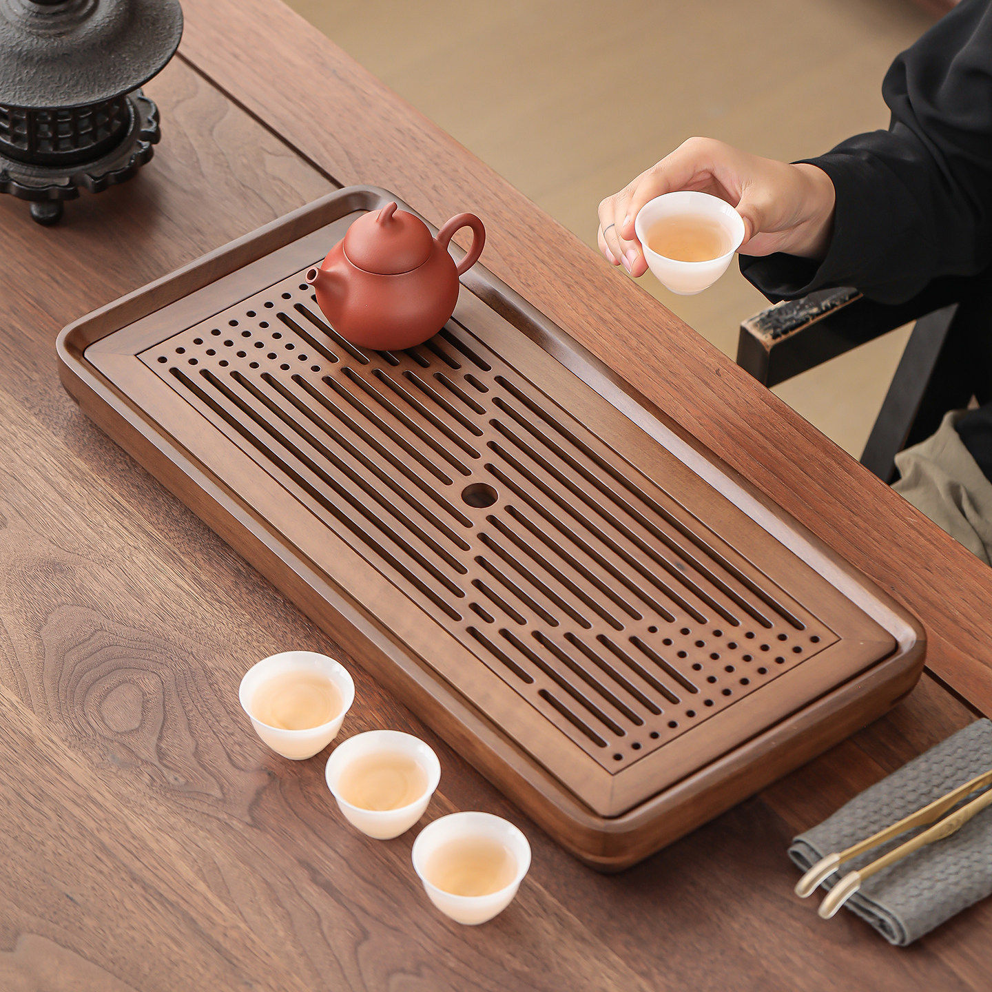 北美黑胡桃木储水排水茶盘实木茶海家用高端小型盛水功夫茶台沥水