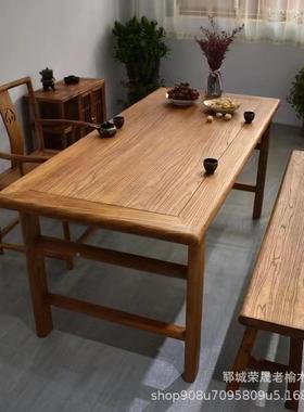 新中大式老学榆木板桌家用餐木桌吧台工作台办公TPI习电脑桌实长