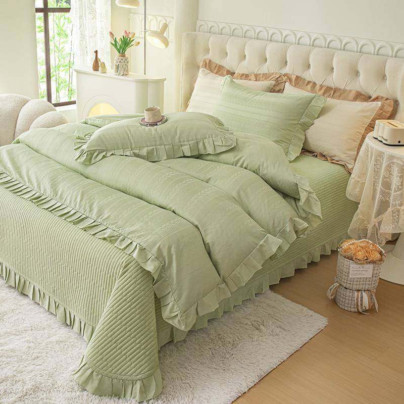韩版全QEN棉提夹花床盖四件套纯绗缝上棉公主风棉花边纯色被套床