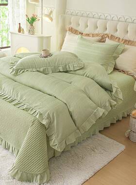 韩版全QEN棉提夹花床盖四件套纯绗缝上棉公主风棉花边纯色被套床