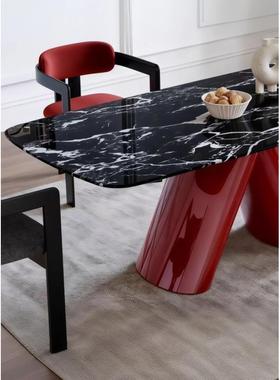 用餐厅圆现代设计师款酒红色2米椭形天然理石餐桌超晶大家PEL石饭