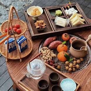 老榆木小桌围炉煮茶829户外风室外复古火圆盆中式 阳台化茶桌桌餐