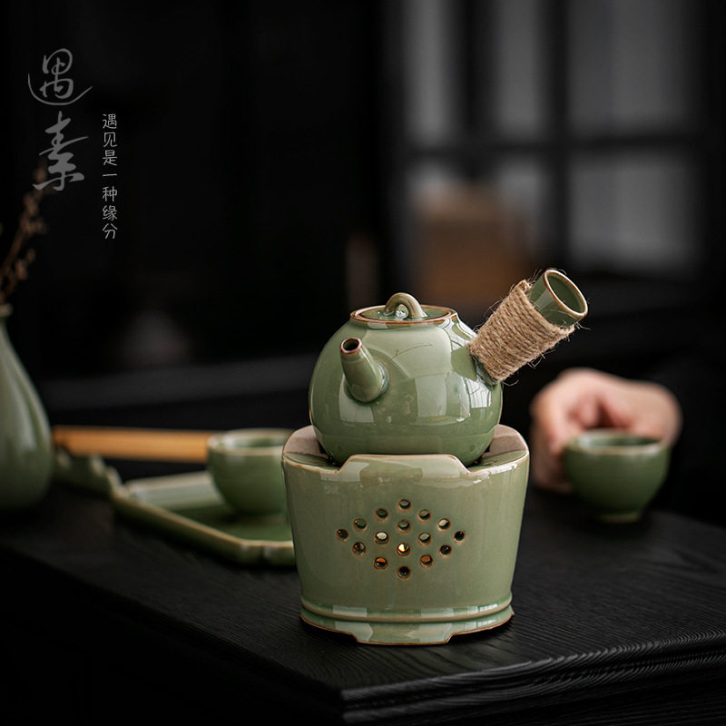 复古侧把壶蜡烛加热温茶炉套装
