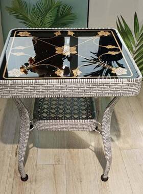 藤几编小方桌台小阳茶几迷卧你喝茶JRW桌室边储物小桌子钢化玻璃