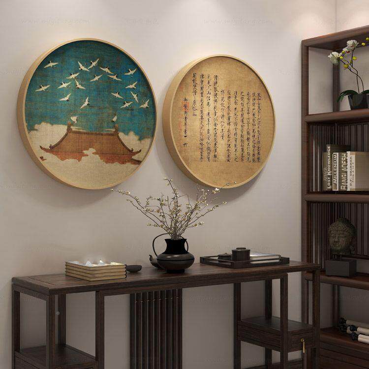 徽宗形鹤图新中式装饰画圆COQ茶室客厅实木挂画瑞玄关书房餐厅壁