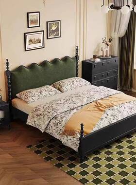 法式复古风主卧1.8米双人大床中古风实木床绿色小户型储物软包床