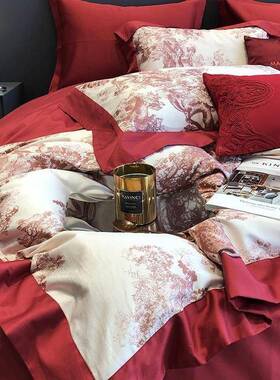 轻奢长绒棉数MLC87452印花婚全庆四件套棉高端结婚红被套宽边1码.