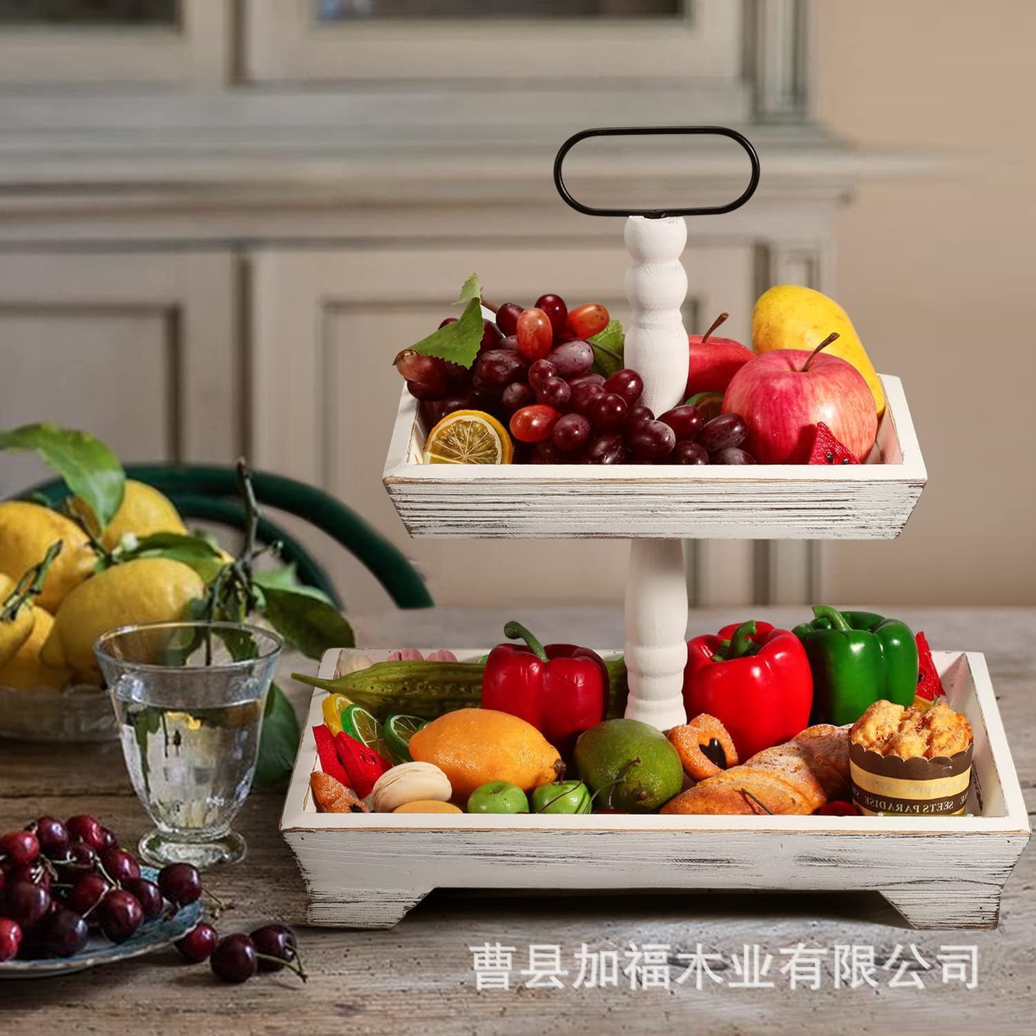 木质双层可手提桌面水果蔬菜架