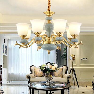 美式铜陶瓷吊灯客厅灯室灯大QT6638气用全铜吊灯家别墅复式楼卧餐