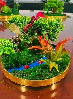 30cm小圆桌中间摆件桌面装饰造景桌芯景观迎客松山水画大圆桌摆花