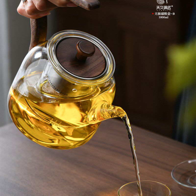 天久璃匠电陶炉用玻璃煮茶器蒸茶壶两用钛金属内胆花梨木提梁高端