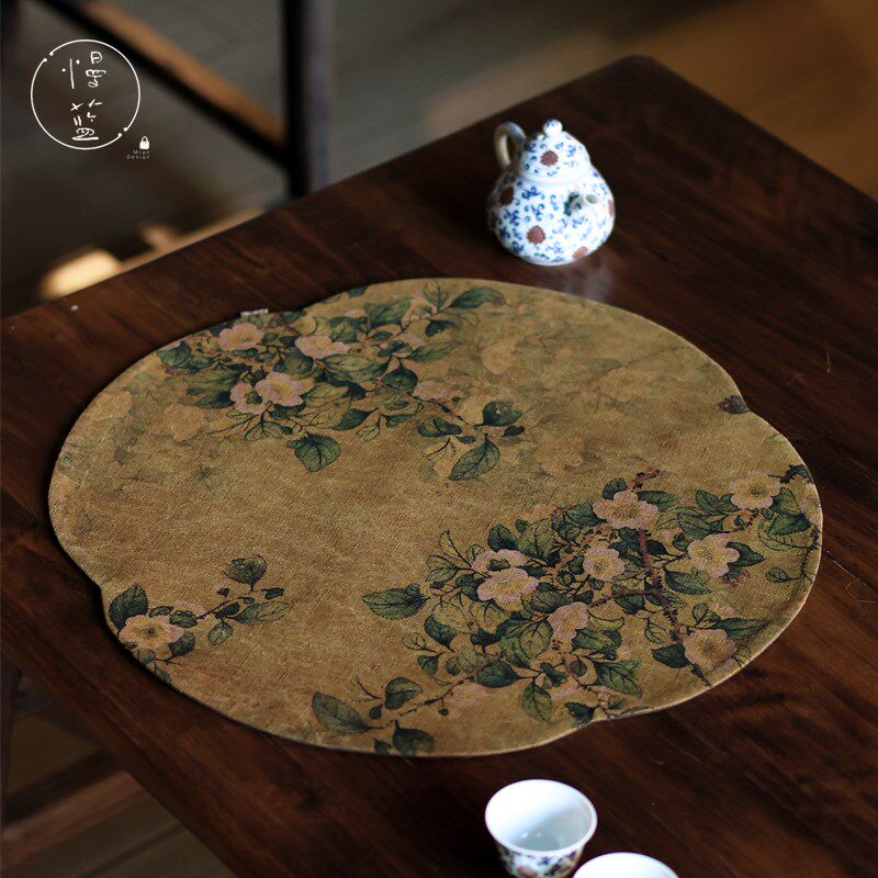 慢蓝茶具香云纱海棠圆垫茶席41cm双层隔热壶垫中式桌旗功夫茶道