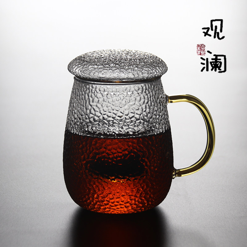 耐热玻璃茶杯家用过滤泡茶杯锤纹花茶杯茶水分离水杯带盖带把杯子