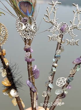 18厘米长紫水晶月亮维京龙羽毛手工权杖仙女棒天然水晶碎石女巫