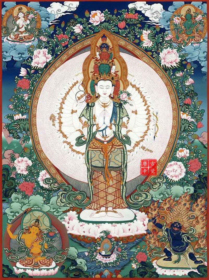 独家千手观音菩萨唐卡西藏热贡手绘印刷复制家居客厅装饰挂画