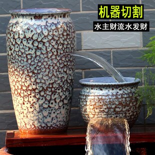 流水瀑布陶罐古法缸养鱼循环低吸水泵增氧循环生态鱼缸民宿复古罐