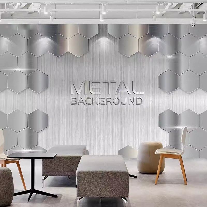 3d立体铁皮金属壁纸科技感办公室公司前台背景墙纸电竞馆网咖墙布