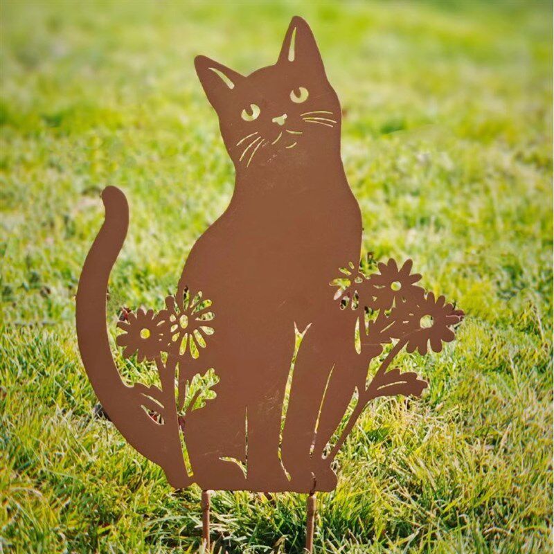 欧式田园铁艺复古花园插件小猫花插墙饰两用金属地插装饰高40cm