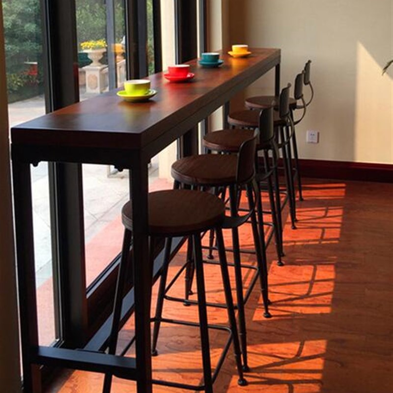 咖啡厅长餐桌椅凳子休闲奶茶店铁艺实木酒吧台高脚靠背桌椅凳组合