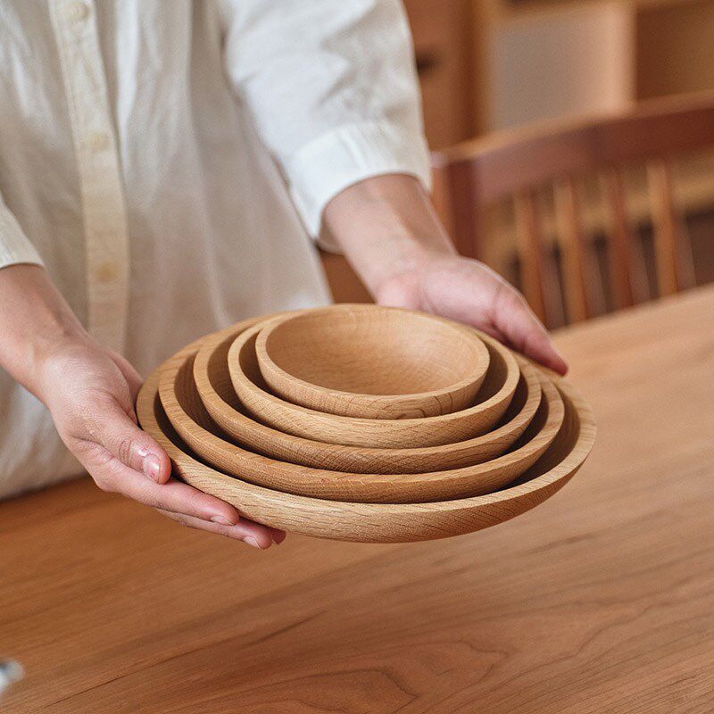 木墨生活小木盘 家用圆形餐盘干果托盘整木制碟子零食小果盘