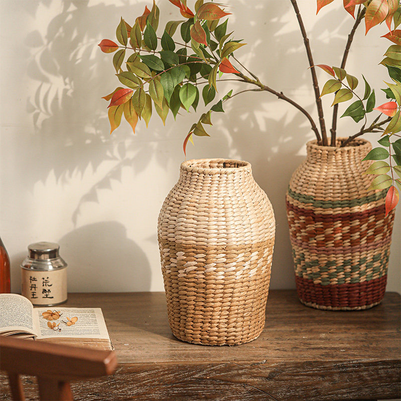 圆肚手工编织插花摆件民宿客厅侘寂风造景装饰复古草编花瓶插干花
