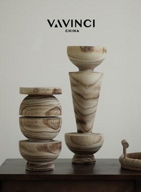 梵其侘寂风创意实木纹几何装饰摆件中古艺术样板房间酒店民宿摆设
