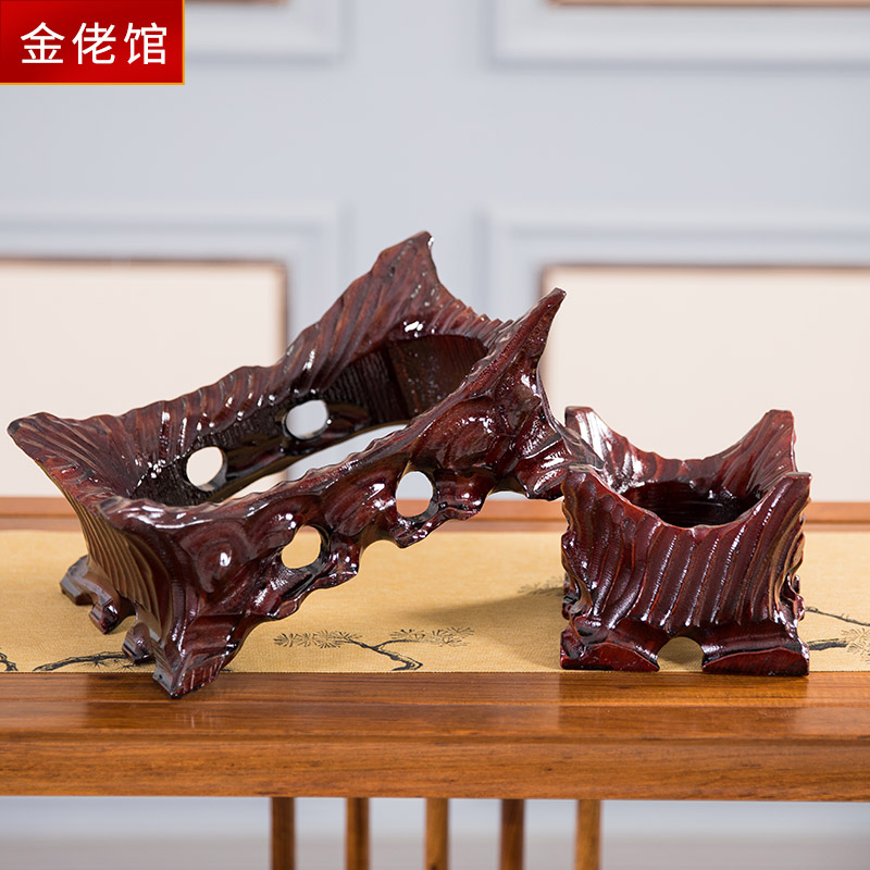 实木带槽奇石底座黄河石鹅卵石泰山石头不规则凹槽摆件托架免挖槽