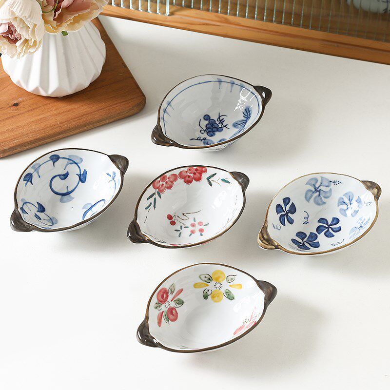 双耳蘸料碟子釉下手绘陶瓷碗碟火锅调料调味酱料碟家用小盘子菜碟