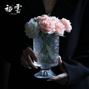海棠花开 人间春色早中古玻璃花瓶高台花器 国潮style插花花盆
