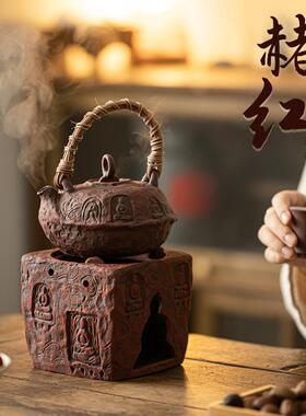 赭石红Y2023111粗陶酒精炉中式敦煌小围炉煮茶温户茶炉外便火携炉