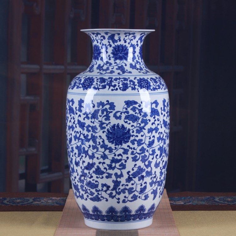 陶瓷花瓶摆件青花缠枝莲大号冬瓜瓶玄关装饰品柜台落地花瓶批发