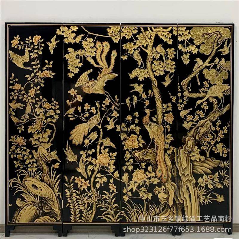 高端黑色手绘欧花鸟屏风隔断奢饰华入玄关美风户格客厅-装现货现