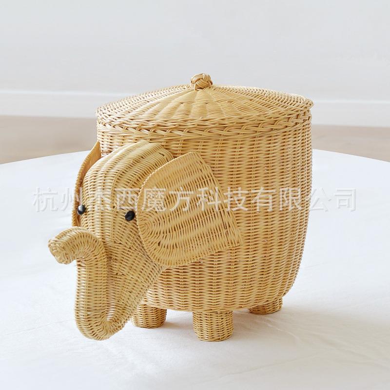 白藤手工编织大象立造型收体篮XEZ带纳盖样杂物收纳筐儿童房板间